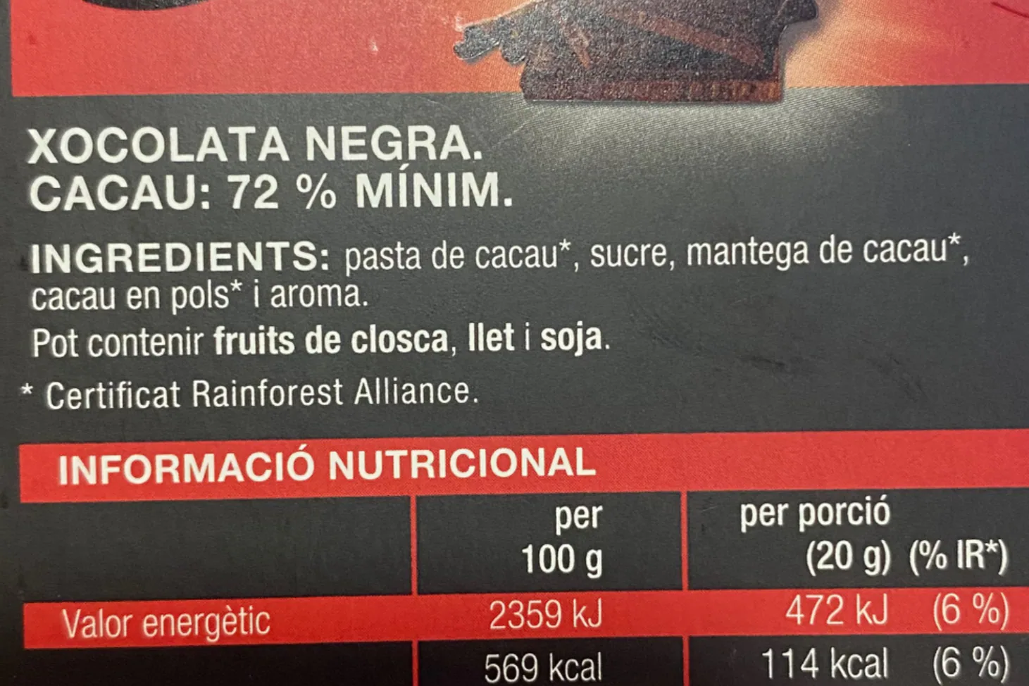 Etiqueta de chocolate comercial